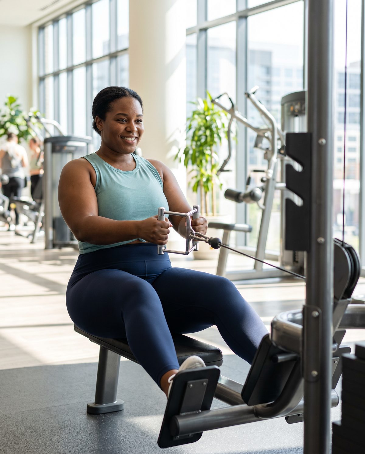 Smiling woman working out on a rowing machine in a bright gym
